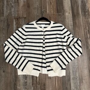Black and white striped H&M cardigan with button-up front
